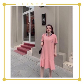 Váy đầm bầu cổ sơ mi dáng suông viền kẻ sọc mặc mùa hè LuxMom