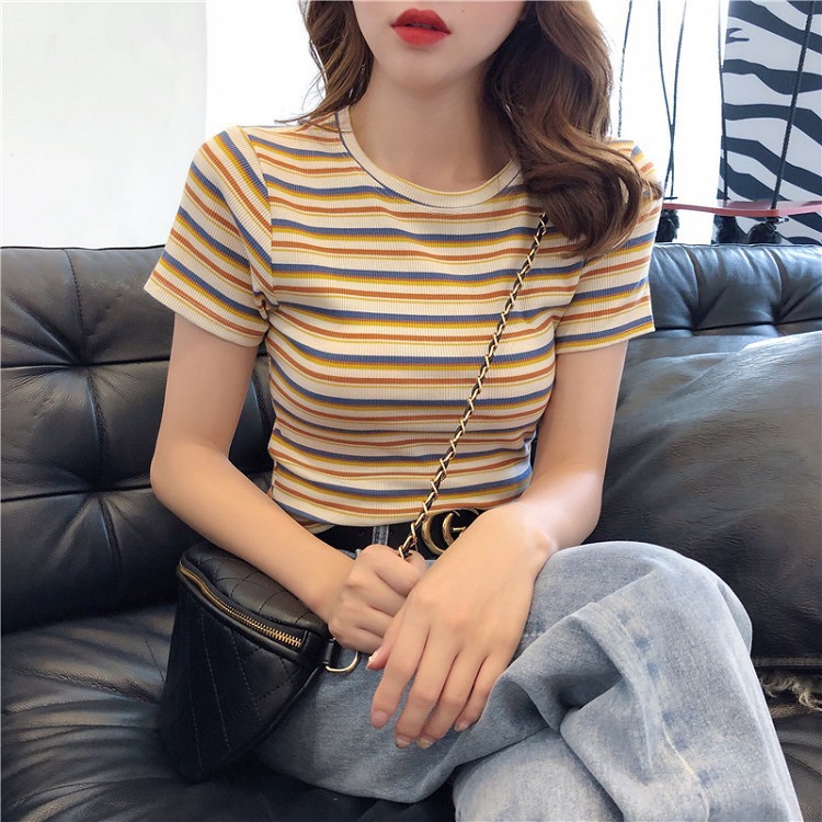 Áo Thun Nữ MIESU Ngắn Tay Croptop Kẻ Sọc Chất Len Dệt Kim Cao Cấp Hàng Quảng Châu