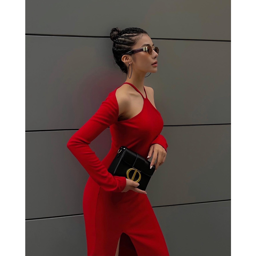 ঔৣ Váy Body Cổ Yếm Chất Liệu Len Gân 2 Màu, Váy Body Len Dài Tay Xẻ Tà Sexy - Choose Me ঔৣ
