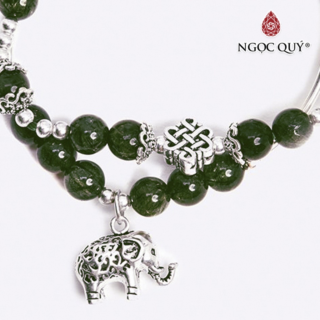 Vòng 2 line đá TA tóc xanh phối charm voi bạc hạt 6mm - Ngọc Quý