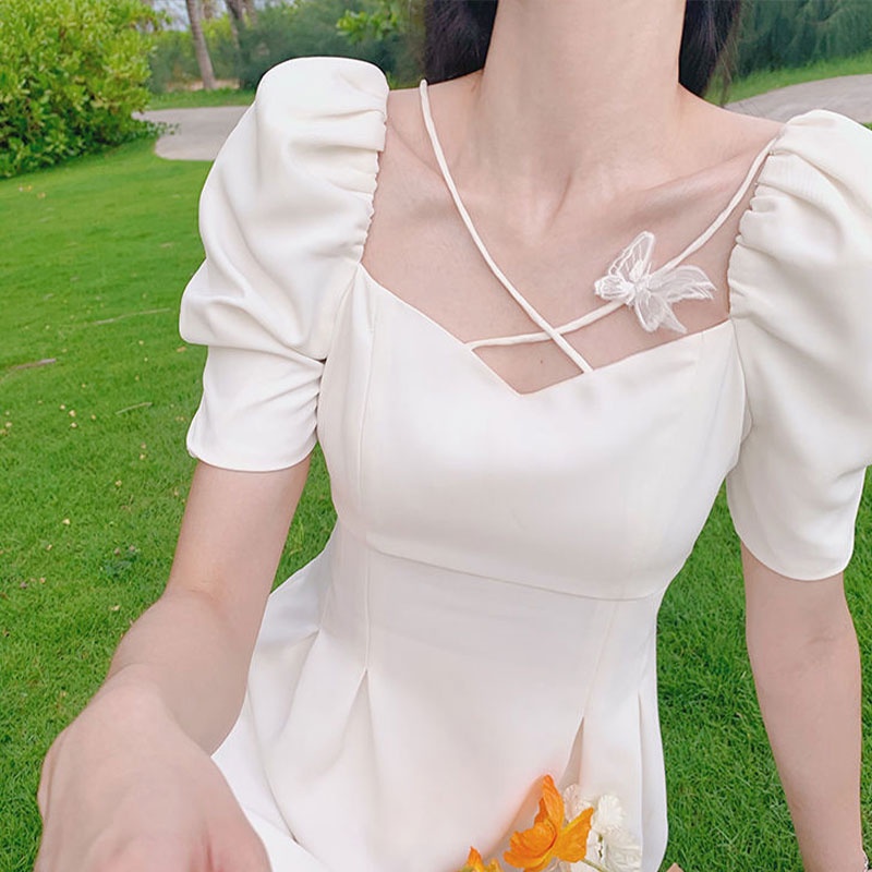 Đầm XINLANYASHE tay phồng cổ vuông màu trắng phong cách pháp cổ điển thời trang cho nữ
