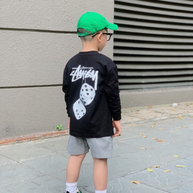 Áo thun tay dài Stussy trẻ em, áo phông cotton cổ tròn họa tiết xúc xắc cho bé THE HOUSE KIDS