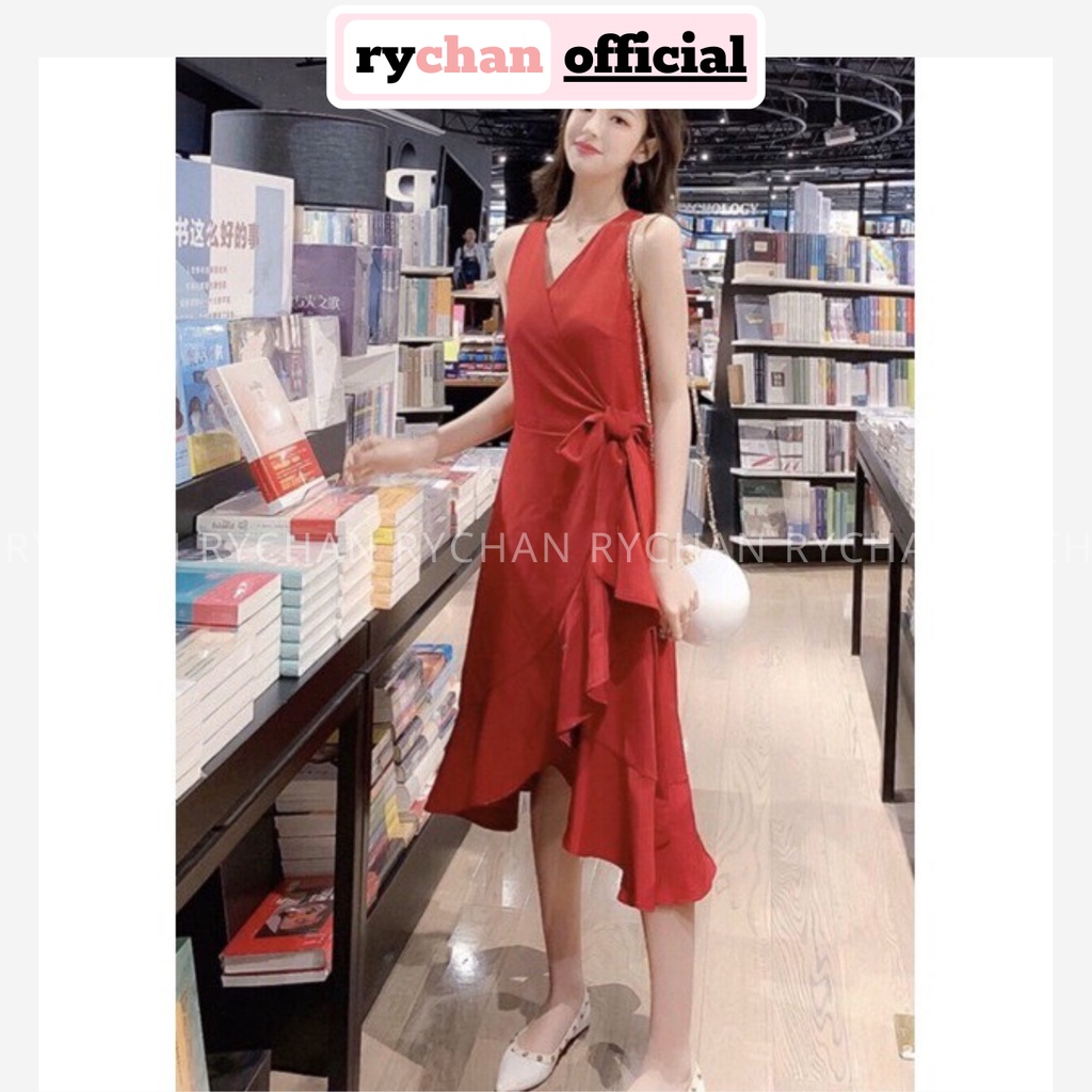 Đầm Đỏ Xòe Đắp Chéo Cột Eo Đuôi Bèo [ẢNH THẬT] - DX193