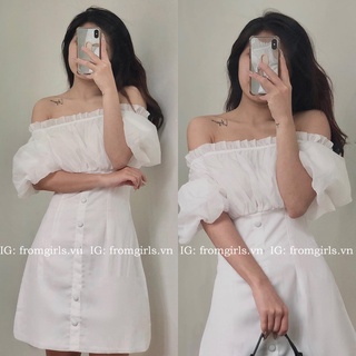 Váy trắng dự tiệc, đầm trắng kỷ yếu tay phồng ngực ren (video ảnh thật) - V63
