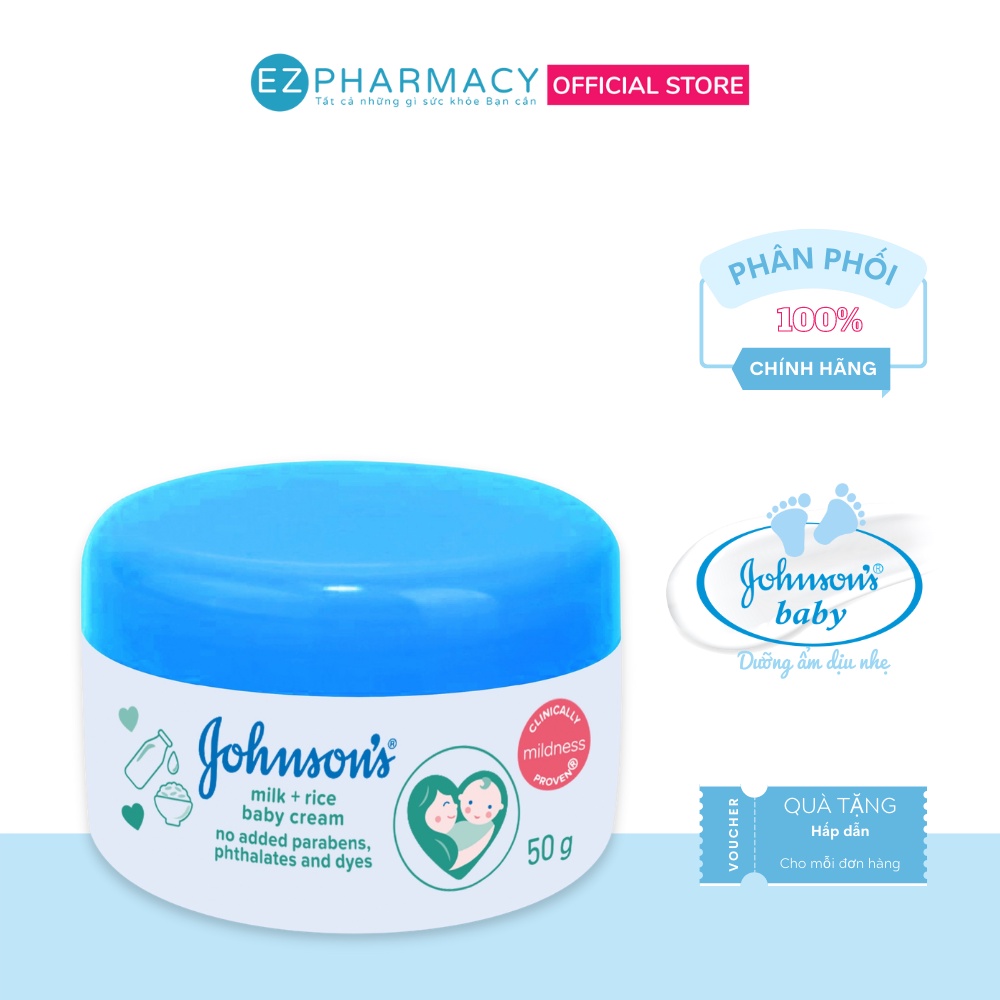 Kem Dưỡng Ẩm, Chống Nẻ Da Johnson's Baby Milk + Rice Cream 50g - Chiết xuất sữa gạo (nắp xanh)