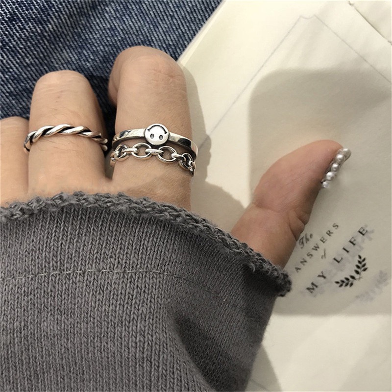 Set 2 nhẫn hợp kim nhôm hình mặt cười phong cách Hàn Quốc thanh lịch có thể điều chỉnh cho nữ