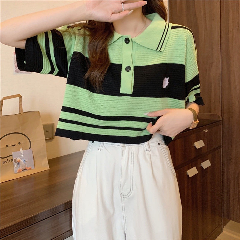 áo croptop Áo polo Dệt Kim Ngắn Tay Họa Tiết Kẻ Sọc Thời Trang Cho Nữ JL-TX-172