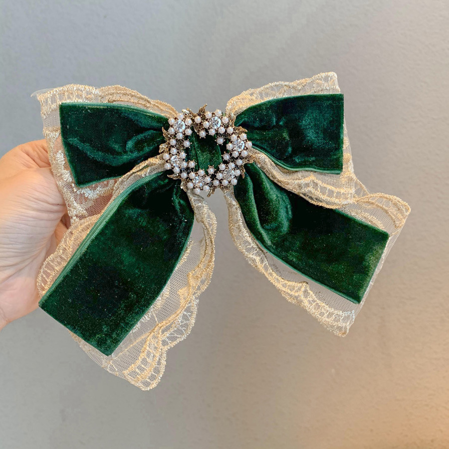 Kẹp nơ vải nhung phối ren đính ngọc trai phong cách thanh lịch thời trang Hàn Quốc