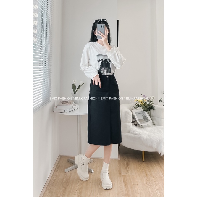 Chân váy jean chữ A EMIX, midi xẻ sau dáng dài, cạp cao, chất jeans mềm 6701