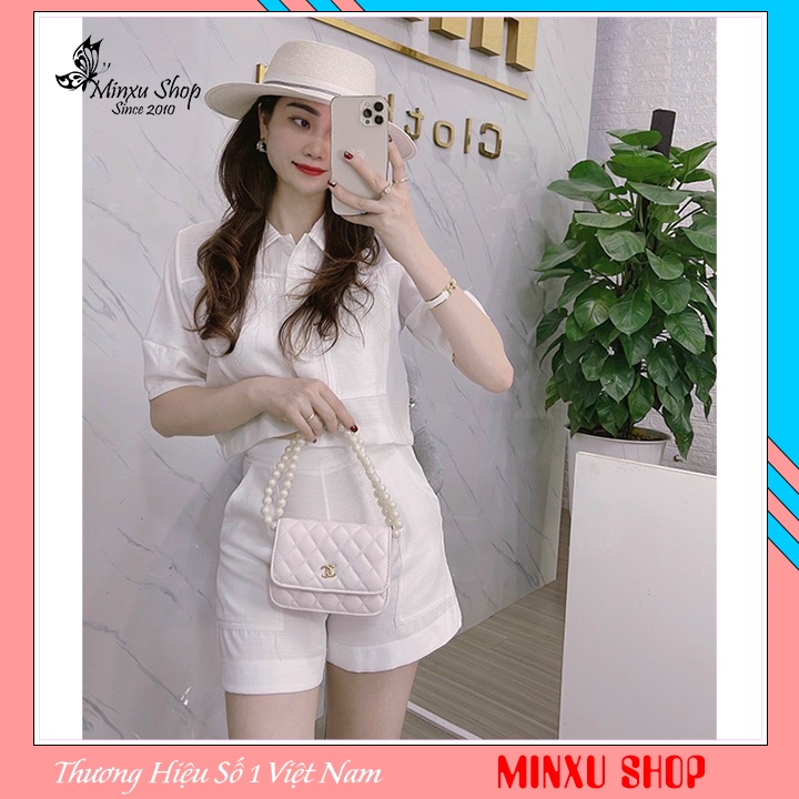 Set bộ đi chơi nữ gồm áo kiểu dáng ngắn croptop, cổ nơ ngắn tay và quần sooc năng động Minxu Shop SE05
