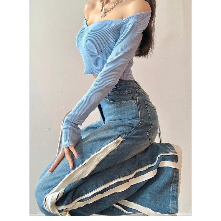 Quần jean ống rộng hai lớp khóa kéo bên hông phong cách đường phố thời trang cho nữ