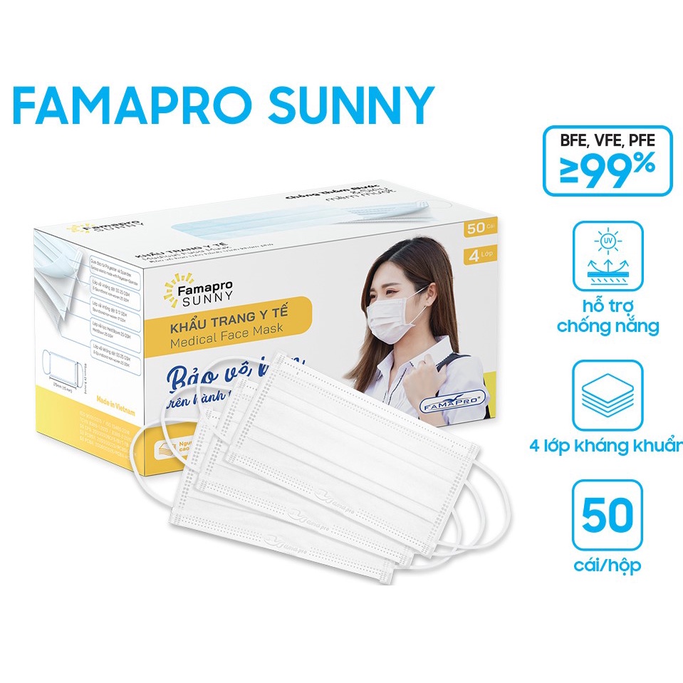 [SUNNY COMBO 5 HỘP 50 CÁI] Khẩu trang y tế kháng khuẩn 4 lớp Famapro Sunny (50 cái/ hộp)