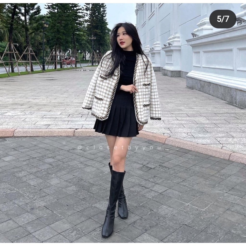 Áo dạ tweed nữ dáng ngắn Caro buộc nơ - Elly Clothings
