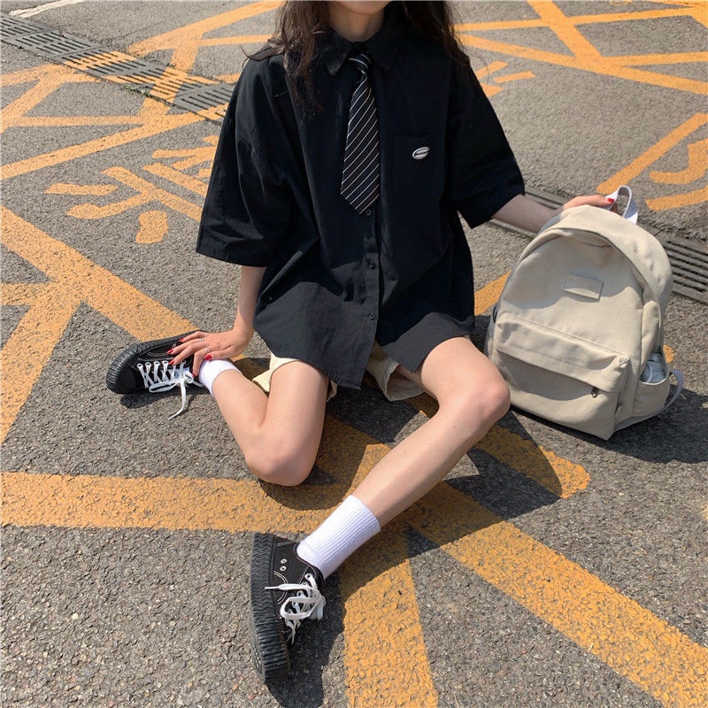 Short-sleeved sun-proof shirt embroidered outerwear student shirt college style Korean style tie loose 2021 summer women's wear 04m7