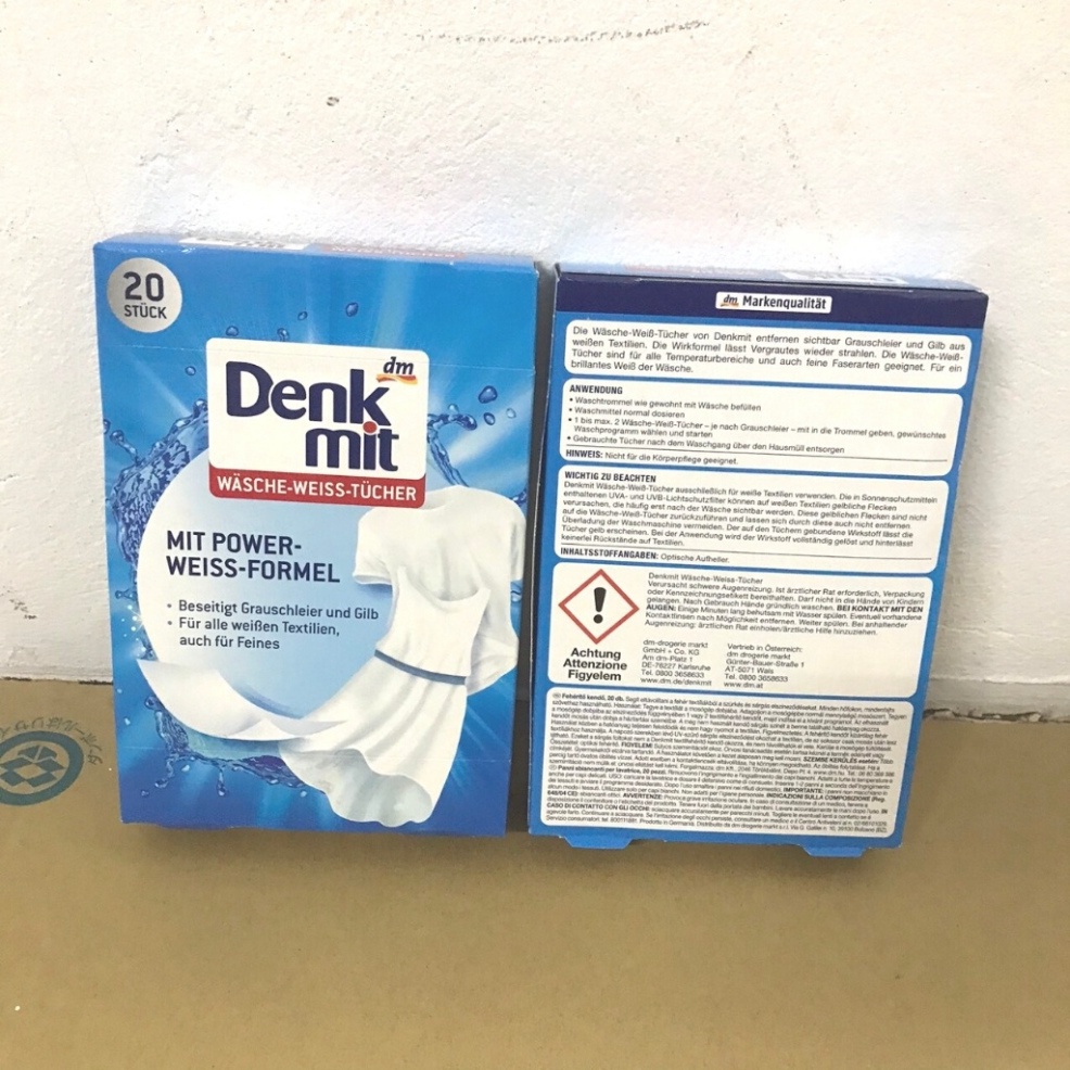 Tẩy Trắng Quần Áo Denkmit Wasche Weiss Tucher 20 miếng, làm trắng quần áo xỉn màu, hiệu quả, hàng nội địa Đức
