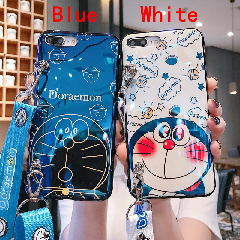 Ốp điện thoại mềm trang trí hoạt hình Doremon kèm dây đeo vai và đệm đỡ cho iPhone 11 Pro Max X XS XR 8 7 6 6S Plus