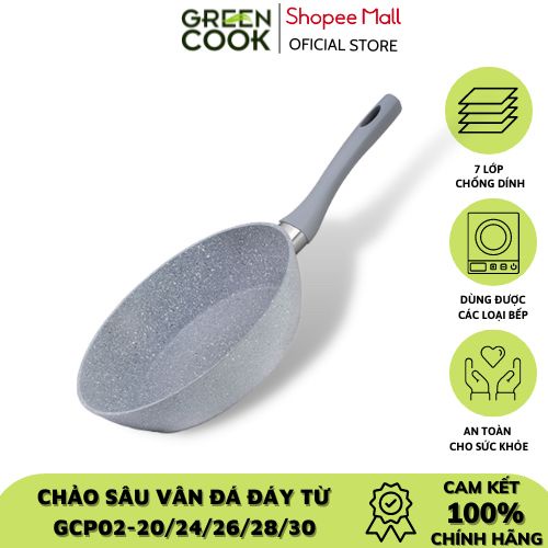 Chảo đáy từ vân đá chống dính GREEN COOK 20-22-24-26-28-30 cm tay cầm chịu nhiệt - Hàng chính hãng greencook