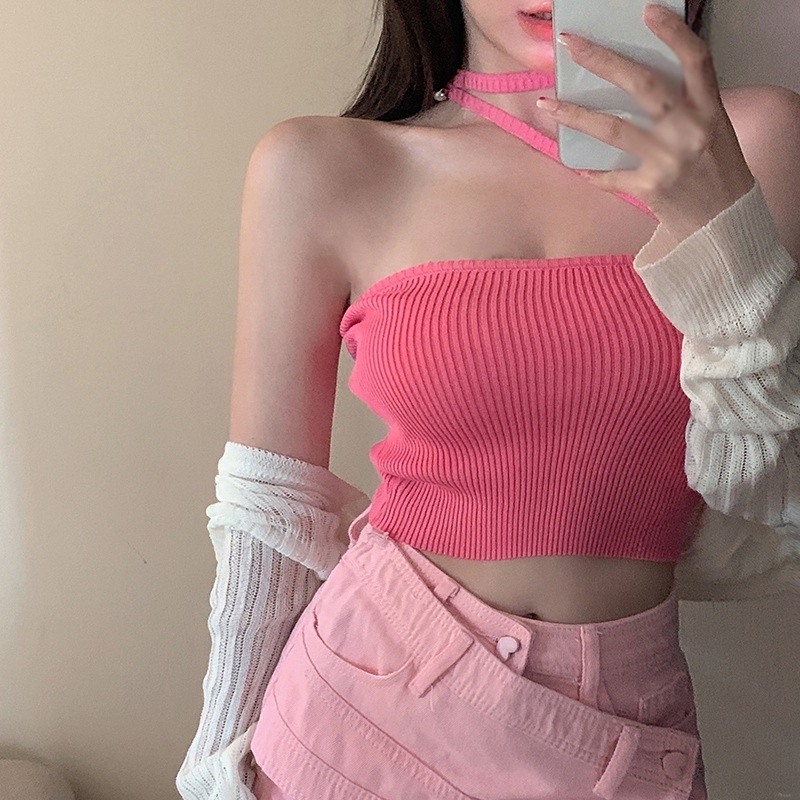 Áo croptop hai dây dệt kim màu trơn đơn giản phong cách Hàn Quốc thời trang