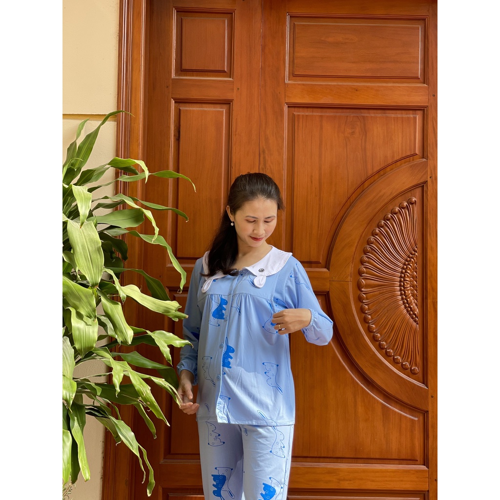 Bộ đồ bầu mặc sau sinh Cotton dài tay cổ bèo TAI THỎ có vén ti tiện lợi BD942