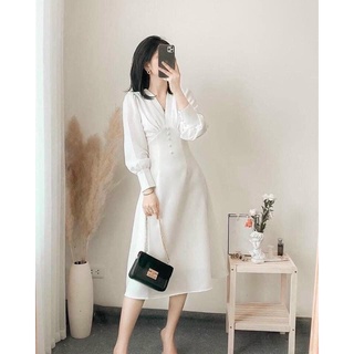 Váy cổ V phối xốp cúc bọc