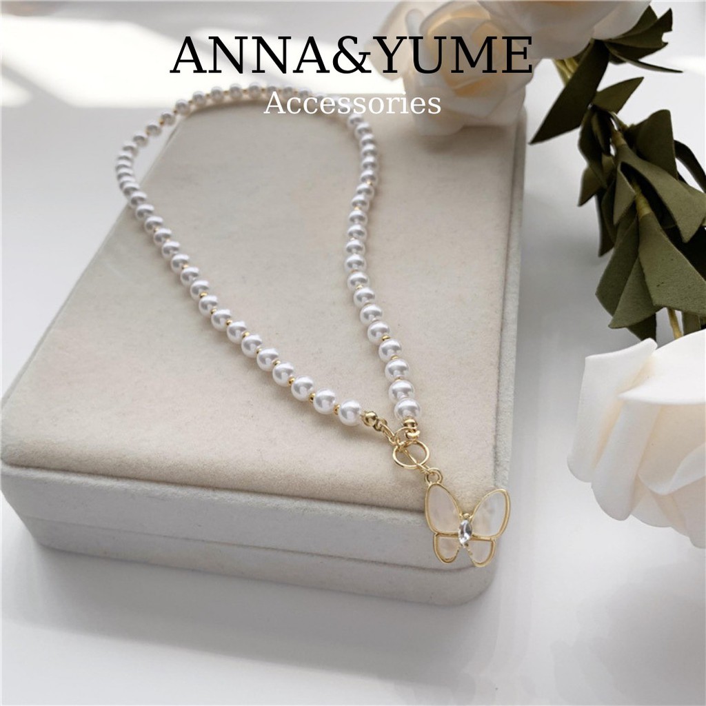 Dây chuyền ngọc trai nhân tạo hình bướm phong cách Retro Pháp, Vòng cổ ngọc trai hình bướm