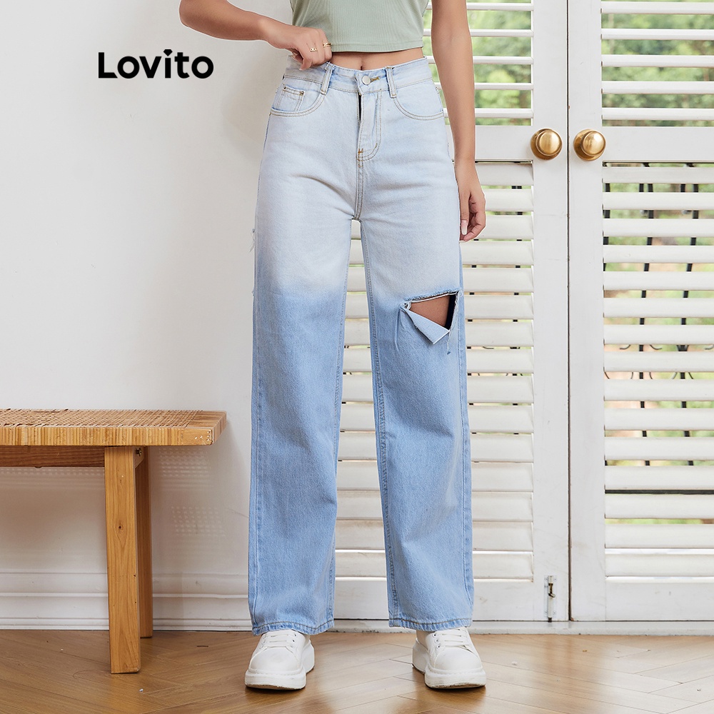 【Gợi ý từ KOL】Quần Lovito màu trơn phối rách có túi đơn giản L06055 (màu xanh dương)
