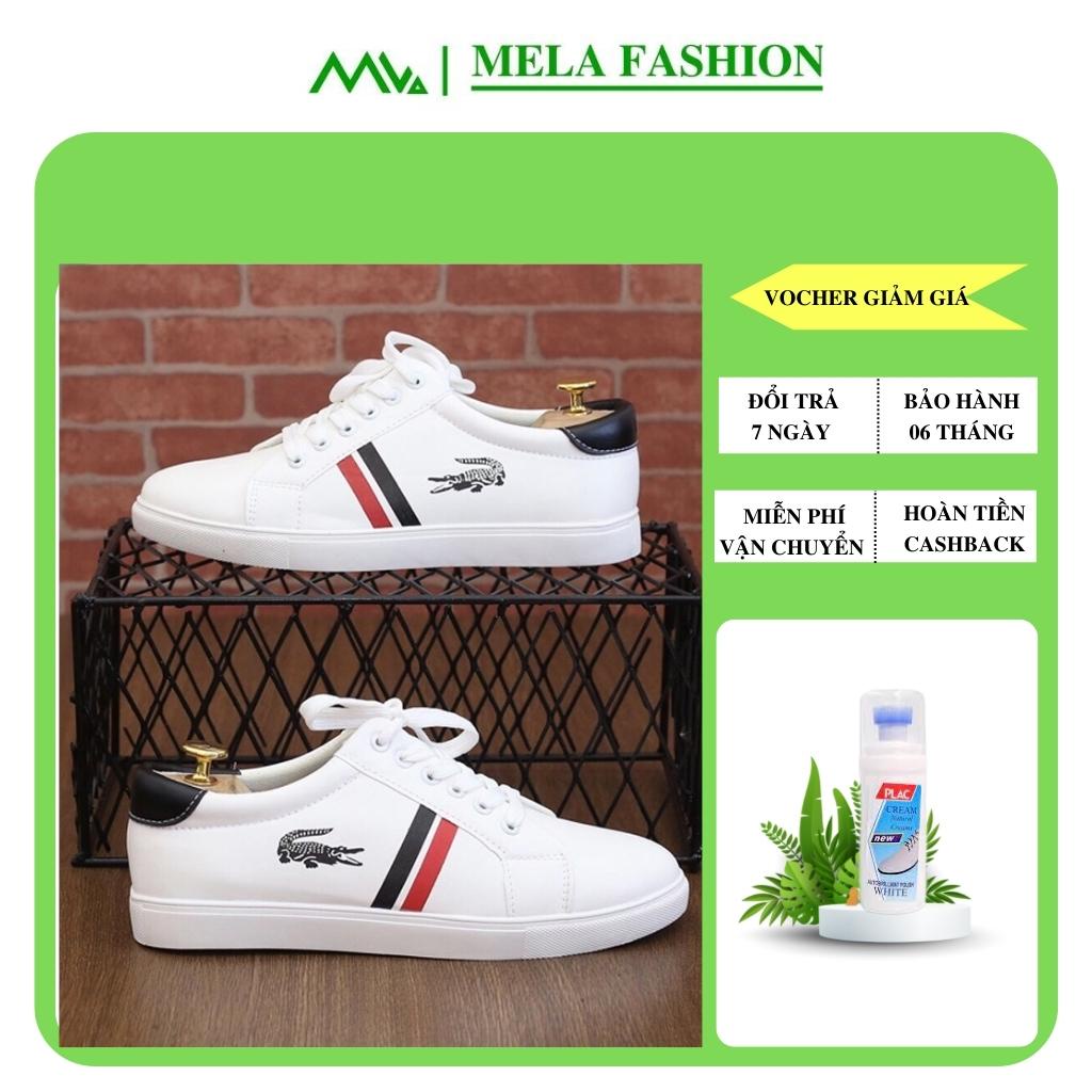 Giày nam thể thao sneaker cao cấp màu trắng trẻ trung năng động phong cách Hàn Quốc in hình cá sấu kẻ 2 sọc đen đỏ