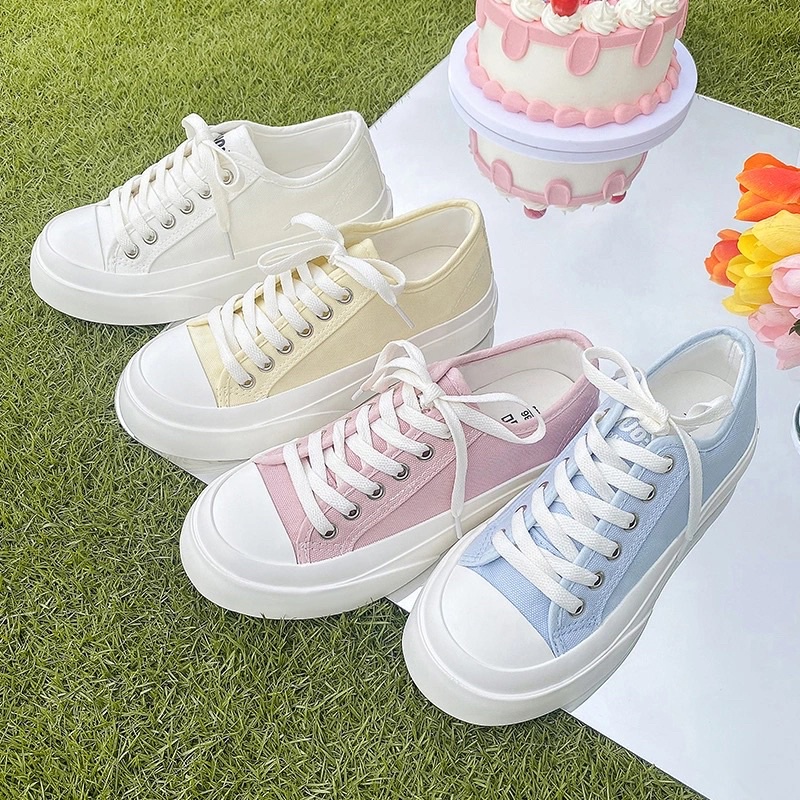 Giày Thể Thao Nam Nữ Màu Xanh Pastel Hồng Trắng Đen Sneaker Vải Thể Thao Buộc Dây Đế Bằng Bánh Mì Basic Loại 1 Đủ Size