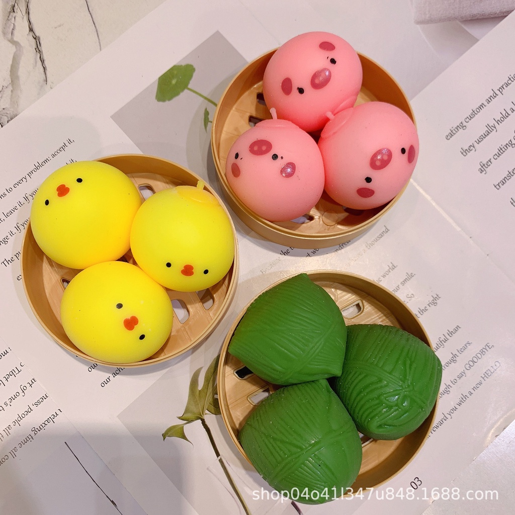 Bánh bao màn thầu squyshi mềm mại hộp 3 chiếc heo hồng gà vàng gấu trúc chó shiba nhiều mẫu