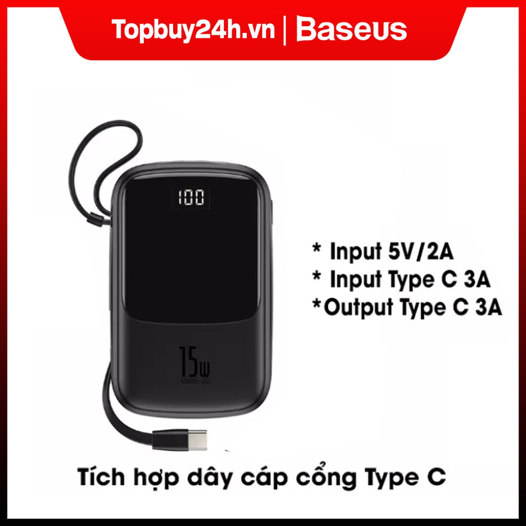 Sạc Dự Phòng Baseus Type C 15w Mini Tích Hợp Cáp Di Động cho Samsung, Xiaomi, Huawei,... 10000mah