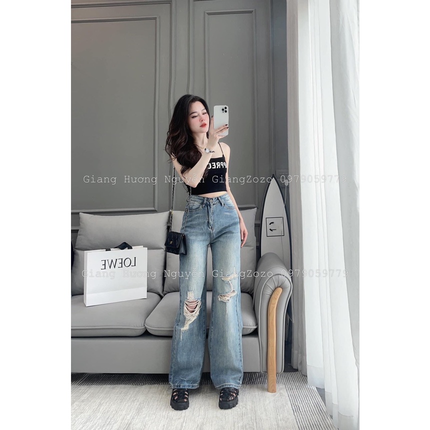 Quần bò ống rộng rách gối chất dày dặn Mitstore, quần jeans, quần dài