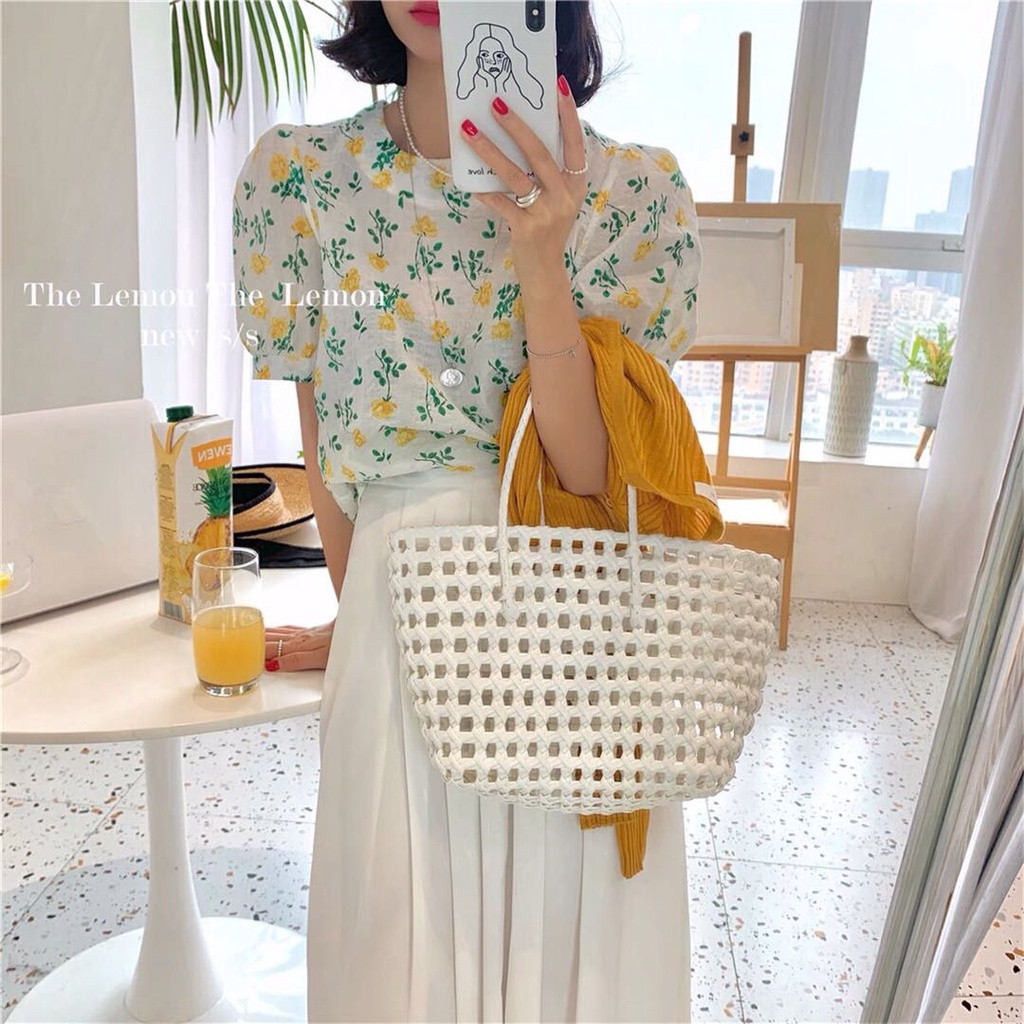 SUXI Áo kiểu tay ngắn cổ tròn dáng rộng in hoa thời trang mùa hè Hàn Quốc dành cho nữ