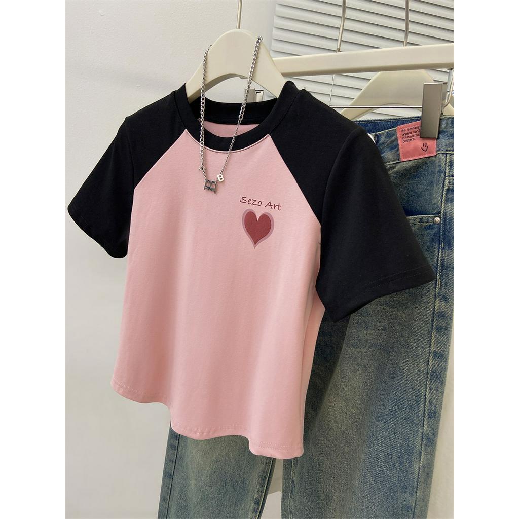 Áo Thun Raglan Tay Ngắn In Hình Trái Tim Màu Sắc Tương Phản 65024