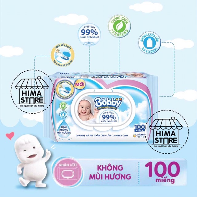 Giấy Ướt Bobby Không Mùi 100 miếng