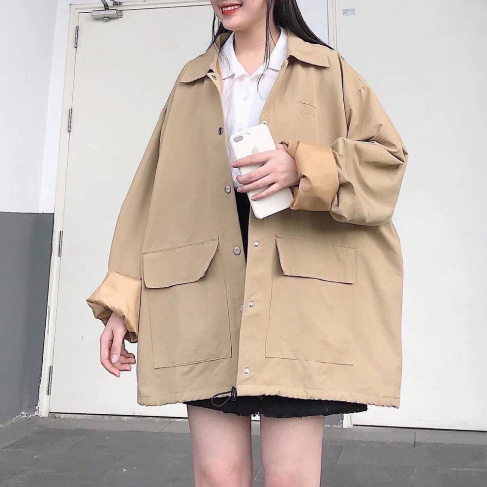 Hàng hot - (New) ÁO KHOÁC KAKI 2 TÚI VUÔNG BOX DÂY RÚT - ÁO SƠ MI KHOÁC CÚC BẤM MÀU BE ULZZANG - Sp sẵn
