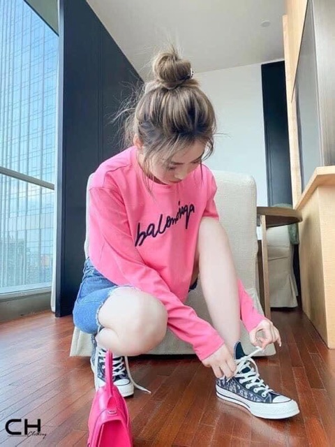 Áo croptop BALEN hồng dài tay chất cotton đẹp