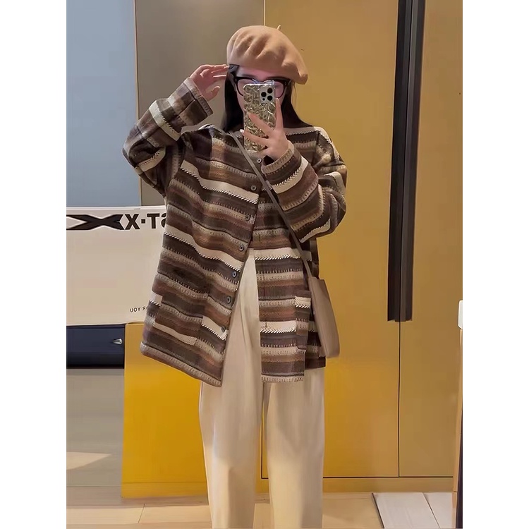 Áo len nữ form rộng cài cúc kẻ sọc xám , áo sweater len chất nỉ thời trang 2022