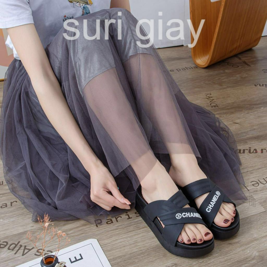 Ảnh thật Mã 2958-27 Dép nữ quai chéo Cha.ne đế cao 4p chống nước êm chân hàng QC cao cấp