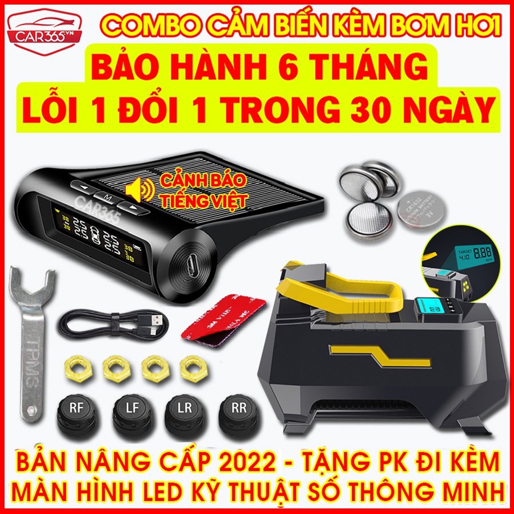 COMBO Bơm Hơi + Cảm biến áp suất lốp bản Tiếng Viêt chính hãng CAR365- màn hình hiển thị LCD Sắc Nét