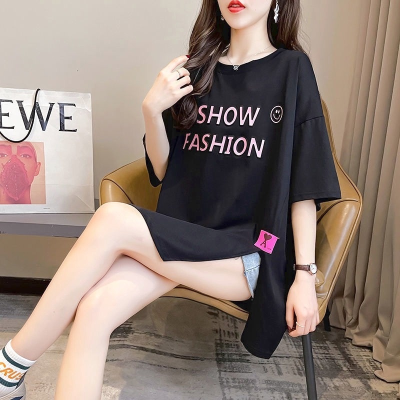 Áo Thun Tay Ngắn Cổ Tròn Dáng Rộng Xẻ Tà Thời Trang Cho Nữ