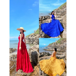 M72 (miễn phí chỉnh váy) đầm maxi cột dây cổ yếm váy xoè nối tăng đi biển du lịch chụp ảnh màu xanh coban đó vàng