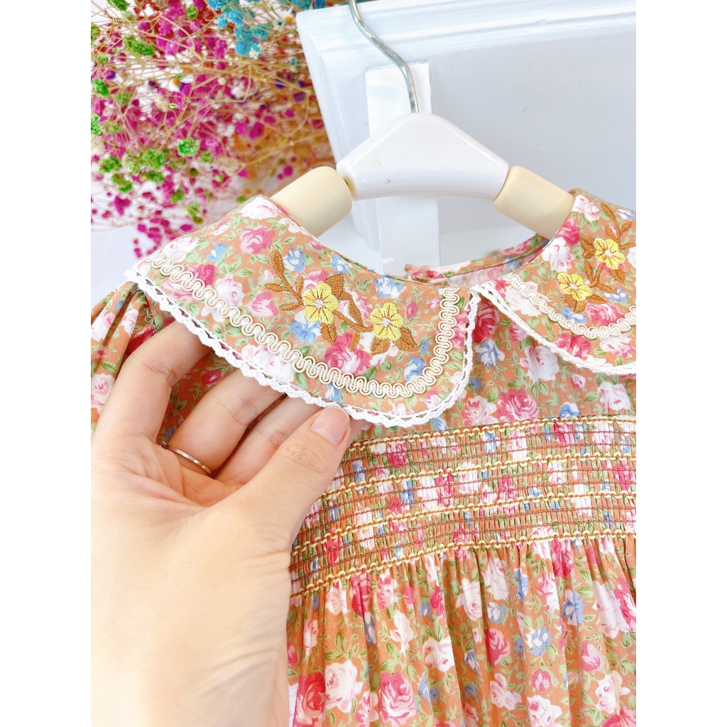 ĐẦM SMOCK DÀI TAY HOA NÂU TÂY XINH XỈU LUÔN Ạ!  SIZE 1-6Y