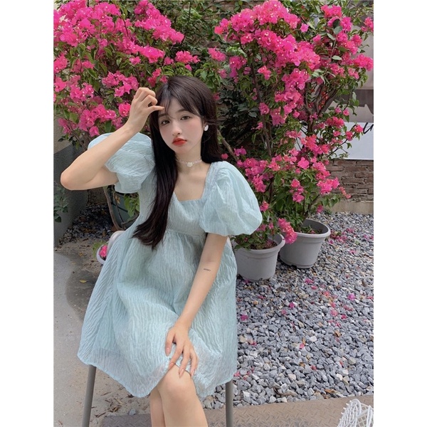 Đầm Babydoll Vải Xốp Sần Xám Xanh Tay Bồng Dáng Xoè Siêu Yêuu