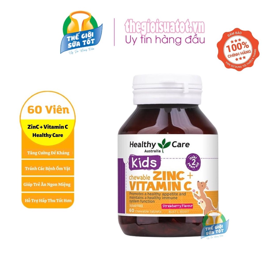 Viên Nhai Bổ Sung Kẽm ZinC + Vitamin C Healthy Care- Hộp 60 Viên Cho Bé thegioisuatot