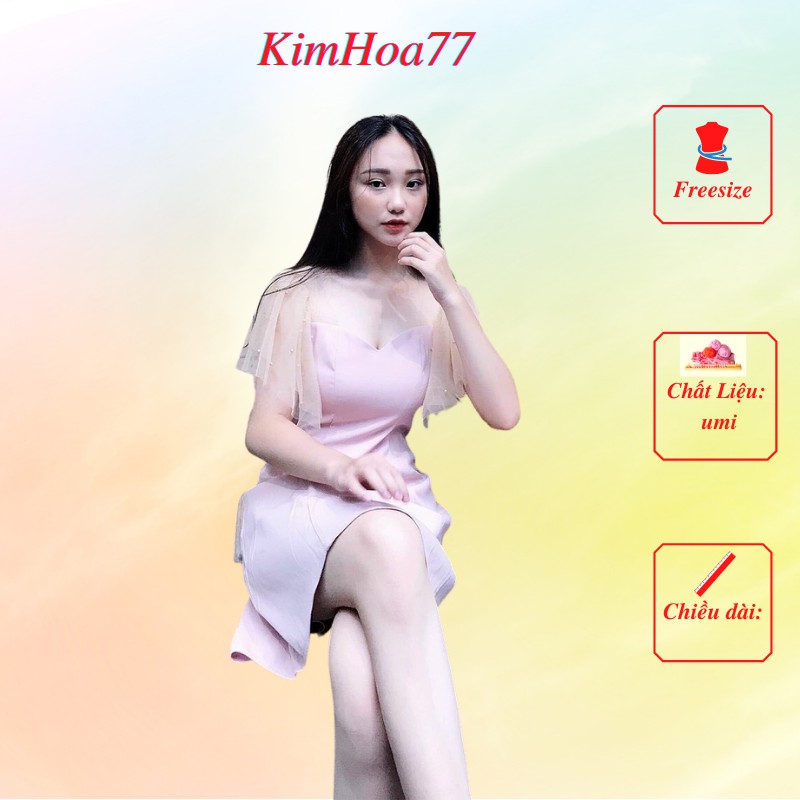 Váy xòe đầm nữ dự tiệc freesize chất umi cao cấp tay ngắn phối lưới kimhoa77
