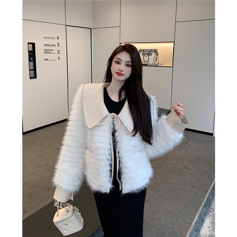 Áo lông trắng phố cổ da buộc nơ sang chảnh hàng Quảng Châu