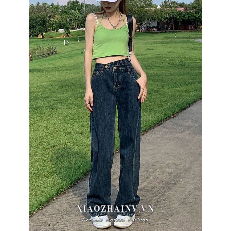Quần jean lưng cao ống rộng phong cách sành điệu sang trọng cho phụ nữ Xiaozhainv