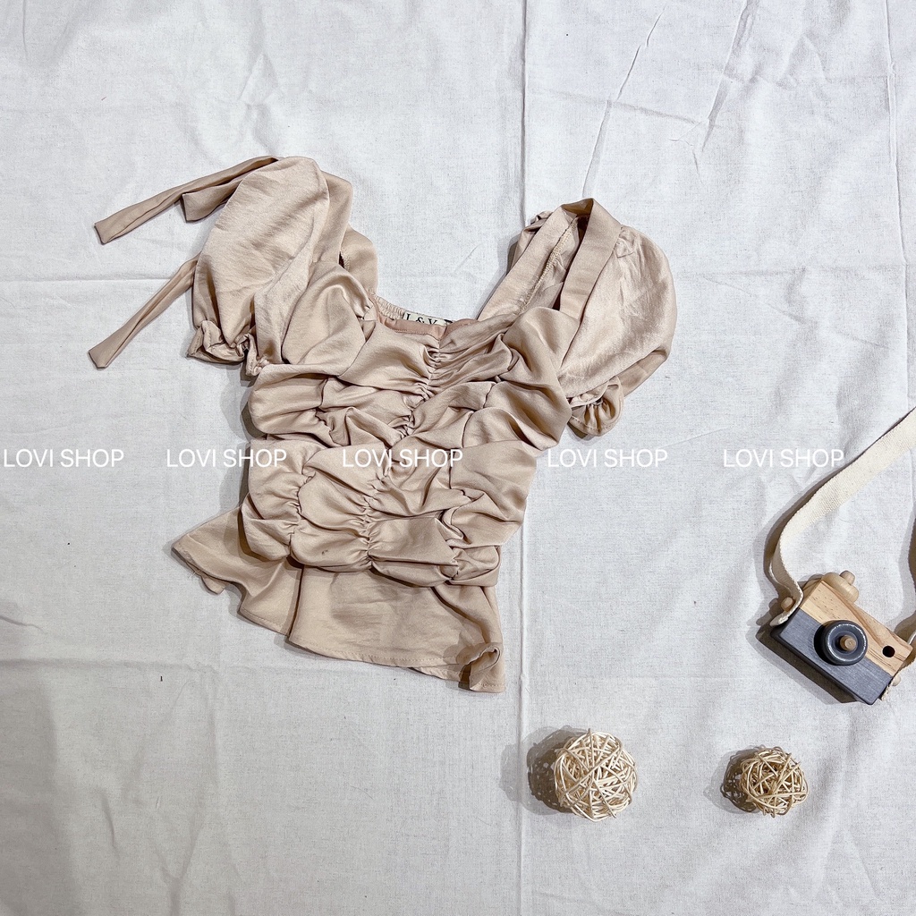 LOVI SHOP- Áo kiểu nhún 2 nơ vai gồm 3 màu