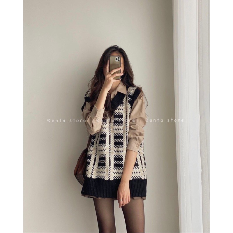 Áo gile len kẻ caro di chéo dáng rộng Oversize-110AG2- Đenta shop | BigBuy360 - bigbuy360.vn