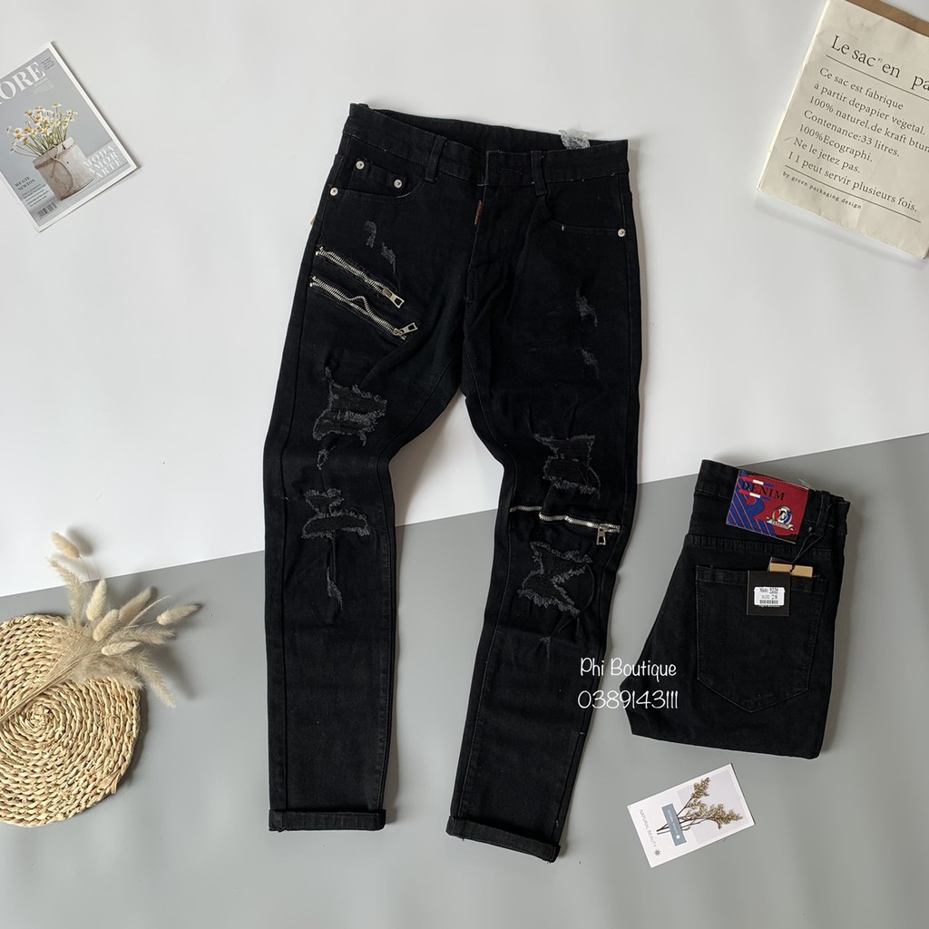 Quần Bò Nam Đen Rách Pha Thêu Khoá Zip Đùi Gối Cực Đẹp | BigBuy360 - bigbuy360.vn
